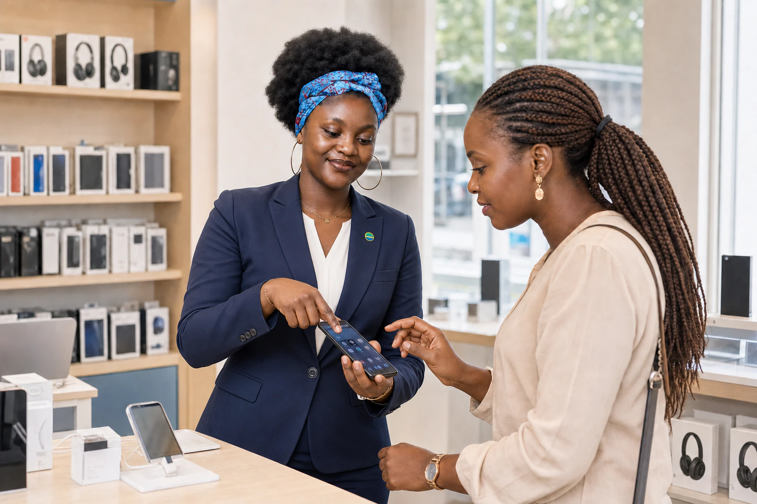 Esther Ada présentant un téléphone dans le parcours de souscription SCTG