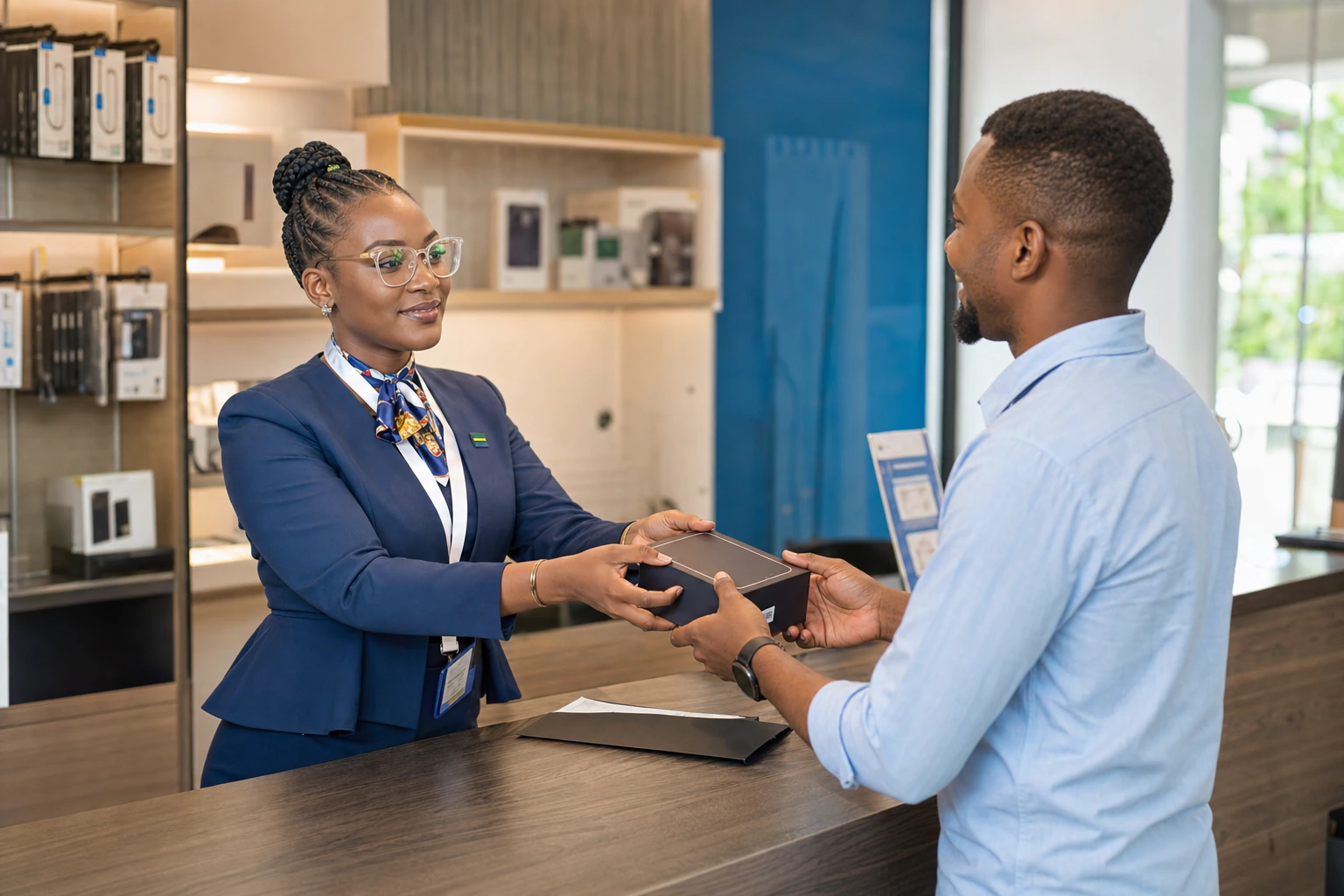 Conseillère SCTG remettant un produit à un client au Gabon